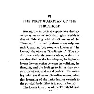 May include: A page from a book with the title "THE FIRST GUARDIAN OF THE THRESHOLD." The text describes experiences related to ascending into higher worlds, discussing "the Lesser" and "the Greater" Guardians.