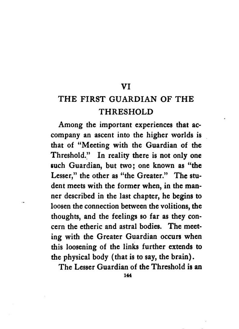 May include: A page from a book with the title "THE FIRST GUARDIAN OF THE THRESHOLD." The text describes experiences related to ascending into higher worlds, discussing "the Lesser" and "the Greater" Guardians.