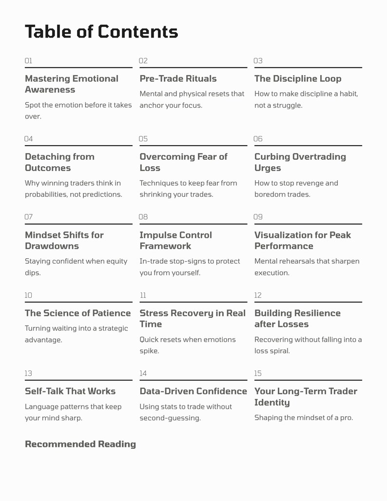K&ouml;nnte beinhalten: Eine schwarz-wei&szlig;e Grafik mit dem Titel "Inhaltsverzeichnis" listet 15 Themen mit kurzen Beschreibungen auf. Zu den Themen geh&ouml;ren "Emotionale Achtsamkeit meistern", "Pre-Trade-Rituale" und "Die Disziplinschleife". Der Text ist in einer serifenlosen Schrift.