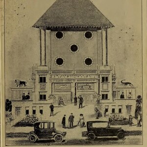 May include: A vintage architectural illustration of the Pyramid Cube University in Chicago. The image shows a multi-storey building with a pyramid roof, circular windows, and smaller buildings. Vintage cars and people are in front. Text includes "Make Your Town a University Center."
