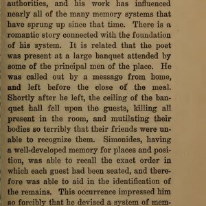 May include: A page from an antique book titled "Memory Systems." The text describes the ancient Greeks' interest in memory systems, focusing on the poet Simonides and his contributions. The page number is 39.
