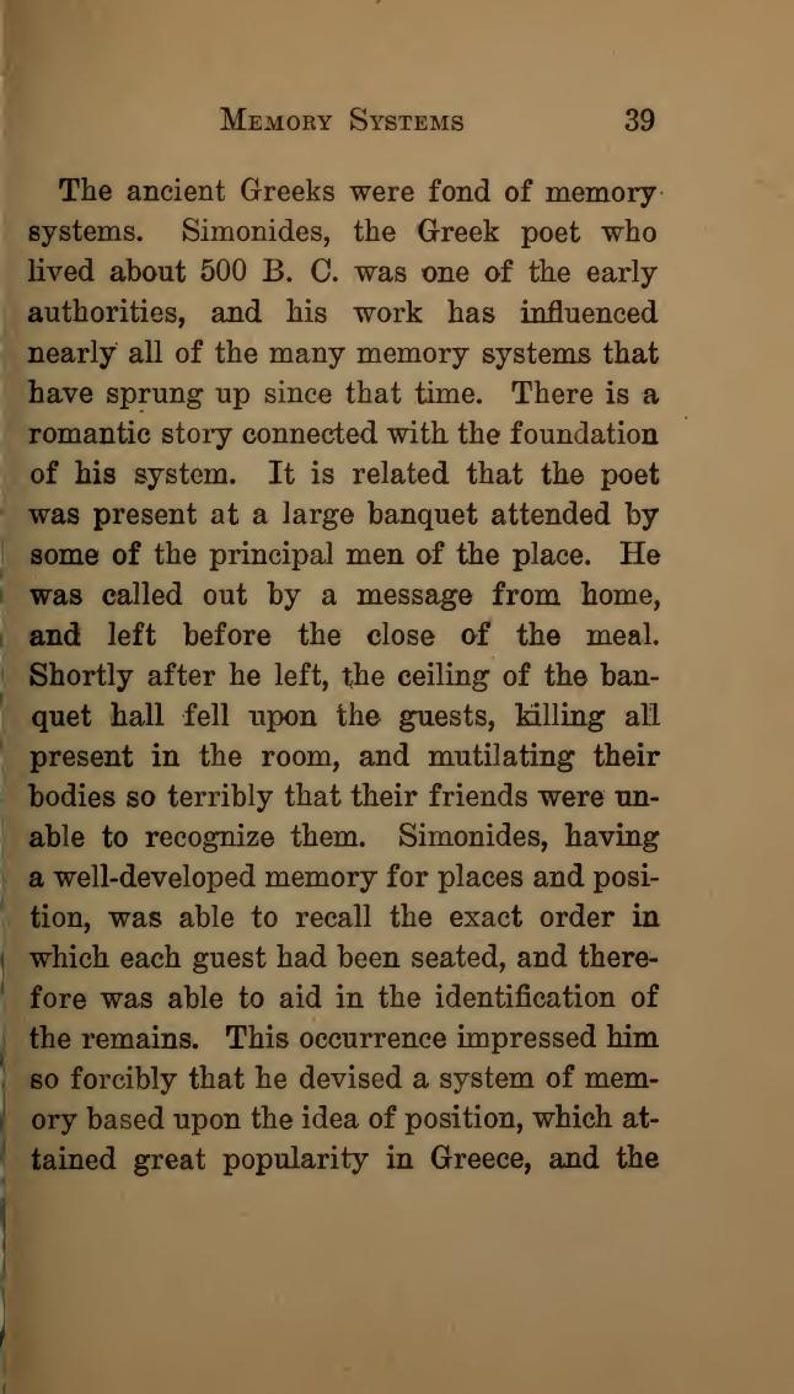 May include: A page from an antique book titled "Memory Systems." The text describes the ancient Greeks' interest in memory systems, focusing on the poet Simonides and his contributions. The page number is 39.