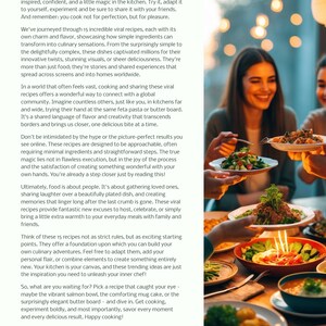 以下が含まれることがあります： 「CONCLUSION」というタイトルのページには、料理やバイラルレシピに関するテキストが記載されており、その横には、温かい照明のダイニングルームのテーブルで、サラダやボウルなどの様々なカラフルな料理を囲んでシェアする人々の写真が掲載されています。