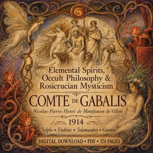 May include: A detailed book cover for "COMTE DE GABALIS" with the text "Elemental Spirits, Occult Philosophy & Rosicrucian Mysticism." The artwork depicts various mythical figures, including angels and other fantastical beings. Published in 1914.