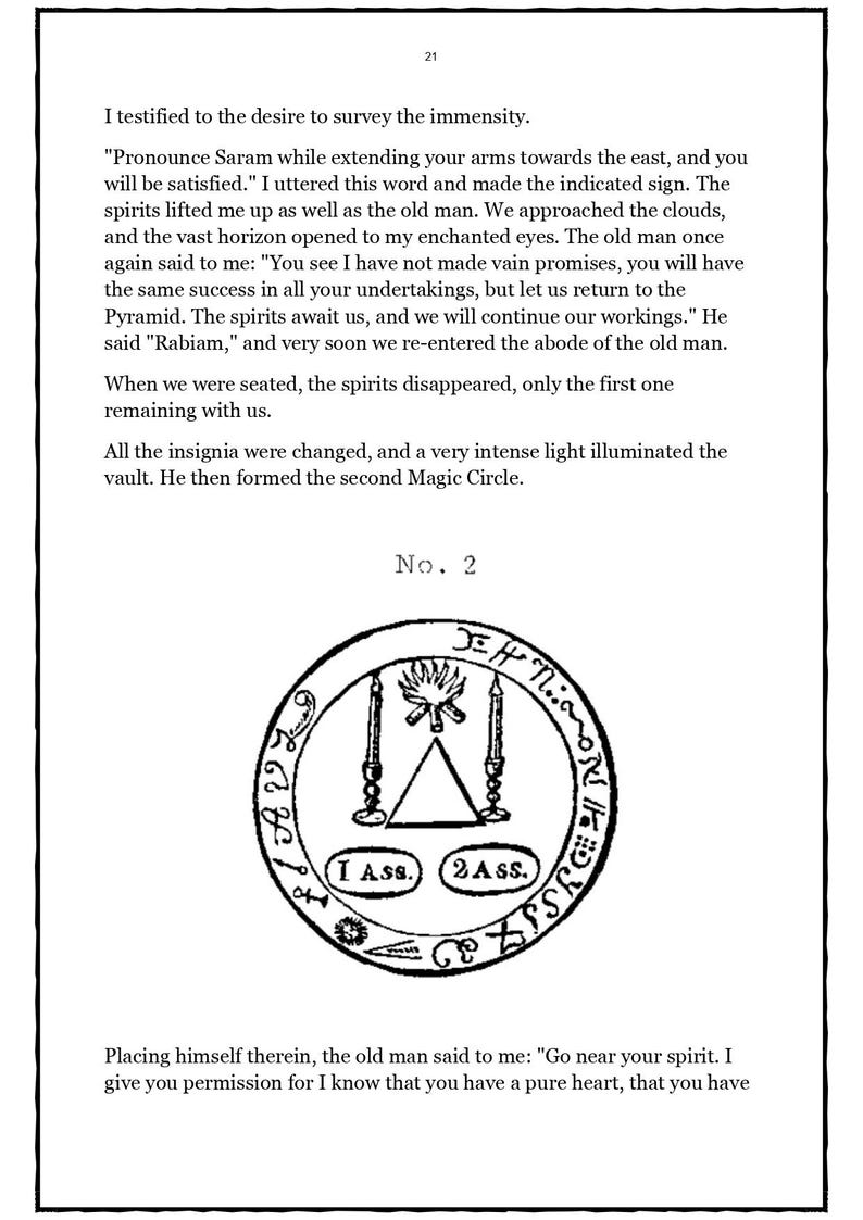 以下が含まれることがあります： テキストと魔法陣のイラストが描かれた本のページ。テキストは神秘的な体験について説明しています。イラストには、シンボル、ろうそく、テキスト「No. 2」が描かれた円が含まれています。