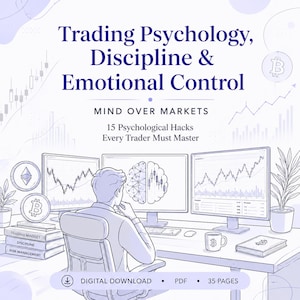 Puede incluir: Ilustración de una persona en un escritorio con tres monitores de computadora que muestran gráficos de bolsa. El texto dice "Trading Psychology, Discipline & Emotional Control". Libros con títulos como "Trading Mindset" están apilados en el escritorio. Se ve una taza con un símbolo de Bitcoin.