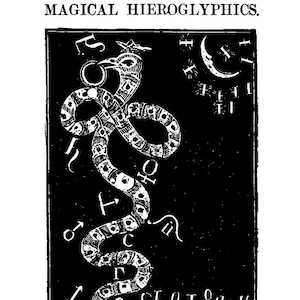 May include: Black and white illustration from the Sixth and Seventh Books of Moses. The image features a crowned serpent with magical hieroglyphics. The text includes the title and page number.