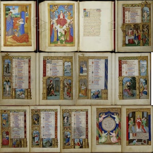 May include: A collection of illuminated medieval manuscript pages. The pages feature colorful illustrations with religious and historical scenes, along with decorative borders and handwritten text. The open books display vibrant artwork and intricate details.