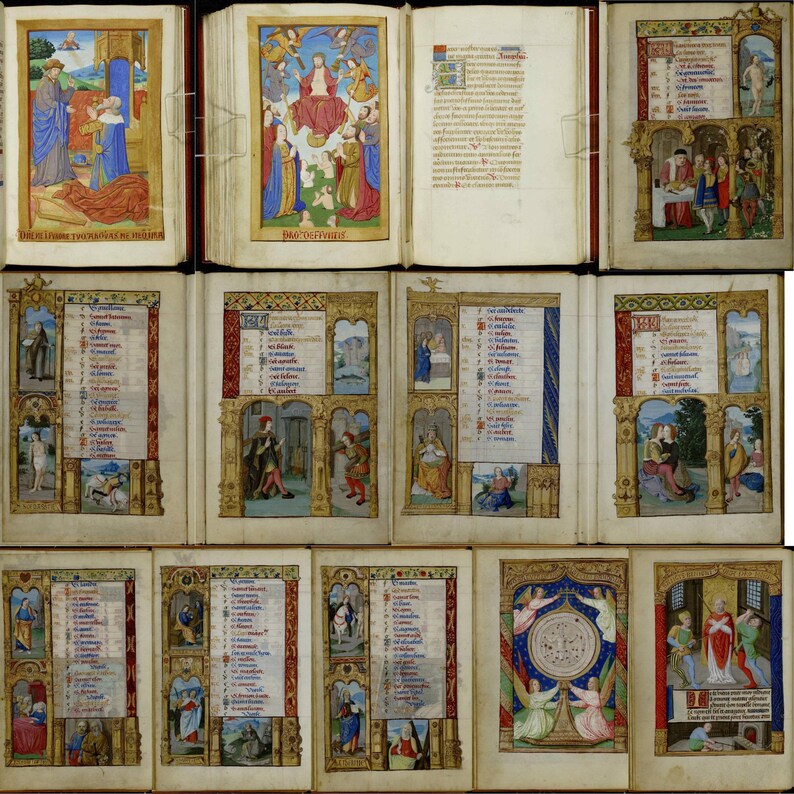 May include: A collection of illuminated medieval manuscript pages. The pages feature colorful illustrations with religious and historical scenes, along with decorative borders and handwritten text. The open books display vibrant artwork and intricate details.