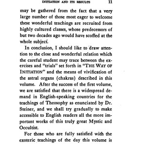 May include: A page from a book titled "INITIATION AND ITS RESULTS" with text in black font. The text discusses teachings, astral organs, and Theosophy. The page number is 11.