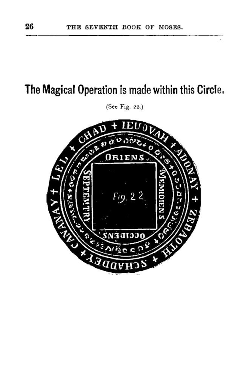 May include: A page from "The Seventh Book of Moses" featuring a circular diagram with text and symbols. The text "The Magical Operation is made within this Circle" is above the diagram. The diagram includes the text "ORIENS" and "Fig. 22".