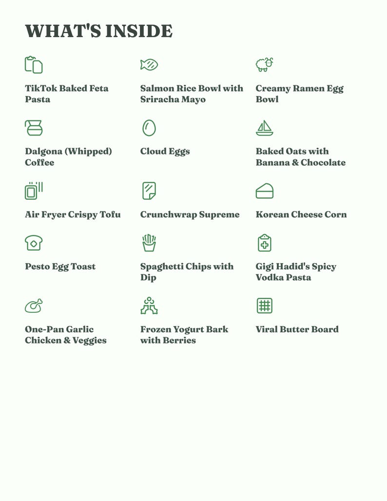 以下が含まれることがあります： WHAT'S INSIDEというタイトルのリストで、TikTok Baked Feta Pasta、Salmon Rice Bowl、Creamy Ramen Egg Bowl、Dalgona Coffee、Cloud Eggs、Baked Oats、Tofu、Crunchwrapなどの料理レシピを示す15個の緑色のアイコンとテキストラベルが記載されています。