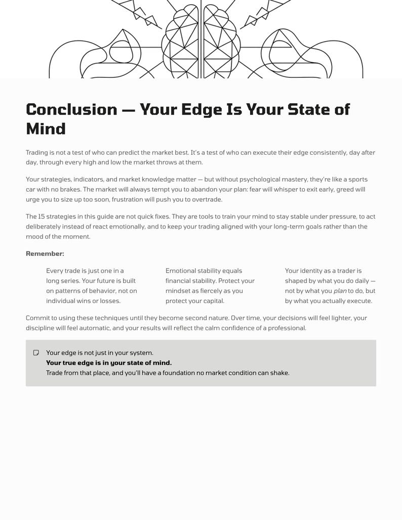 K&ouml;nnte beinhalten: Wei&szlig;es Dokument mit dem Titel "Conclusion - Your Edge Is Your State of Mind." Der Text behandelt Handelsstrategien, psychologische Aspekte und emotionale Stabilit&auml;t. Es enth&auml;lt Aufz&auml;hlungszeichen und eine abschlie&szlig;ende Aussage.