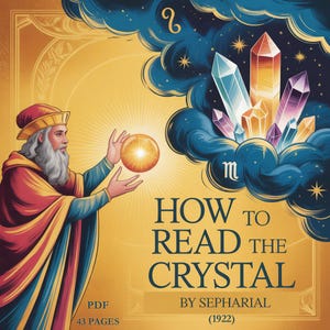 May include: An illustrated book cover with a wizard holding a glowing orb, with the title "HOW TO READ THE CRYSTAL" in navy blue. The background is gold with dark blue clouds and colorful crystals. The book is by Sepharial.