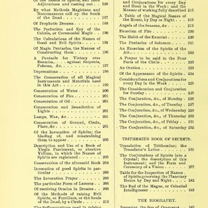 May include: A vintage book page featuring a detailed table of contents. The text lists various topics related to spirits, magic, and rituals, including conjurations, exorcisms, and invocations. The page is from a historical text.