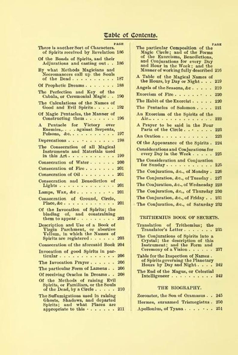 May include: A vintage book page featuring a detailed table of contents. The text lists various topics related to spirits, magic, and rituals, including conjurations, exorcisms, and invocations. The page is from a historical text.