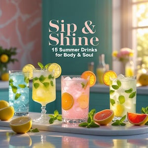 May include: An image featuring four colorful summer drinks in tall glasses, garnished with citrus slices and mint leaves. The drinks are arranged on a white surface, with the text "Sip & Shine" and "15 Summer Drinks for Body & Soul" in the background.