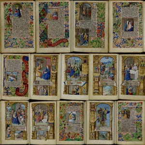 May include: A collection of illuminated manuscript pages, each featuring detailed illustrations and ornate borders. The pages display vibrant colors, including blues, reds, and golds, with intricate floral and foliate designs. The images depict religious scenes and figures.