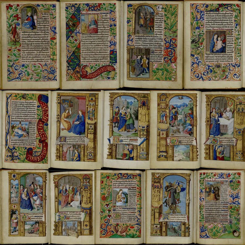 May include: A collection of illuminated manuscript pages, each featuring detailed illustrations and ornate borders. The pages display vibrant colors, including blues, reds, and golds, with intricate floral and foliate designs. The images depict religious scenes and figures.