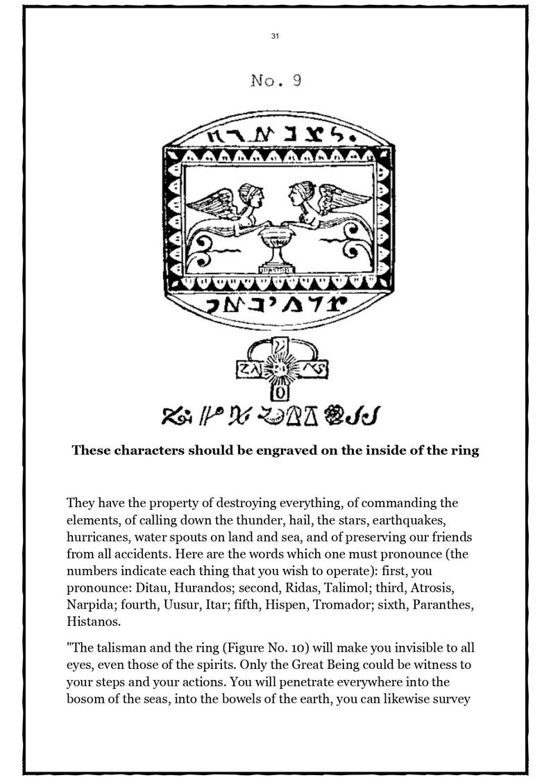 以下が含まれることがあります： テキスト付きのタリスマンの白黒イラスト。画像には、2 つの翼のある人物、聖杯、さまざまなシンボルとテキストを含む中央のエンブレムが表示されます。テキストには、彫刻の指示と呪文が含まれています。