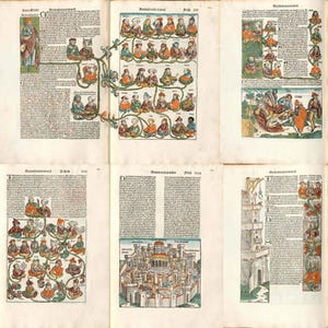 May include: A collection of antique book pages featuring colorful illustrations and text. The pages display various scenes, including figures, family trees, and architectural drawings. The illustrations are in shades of red, green, orange, and blue, with detailed line work.
