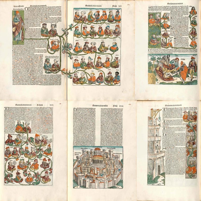 May include: A collection of antique book pages featuring colorful illustrations and text. The pages display various scenes, including figures, family trees, and architectural drawings. The illustrations are in shades of red, green, orange, and blue, with detailed line work.