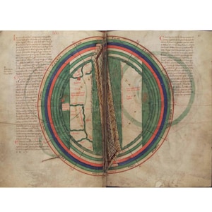 May include: Open book with a medieval world map illustration. The map features concentric circles in red, blue, and green, with landmasses and text in Latin. The aged parchment has visible wear and tear, adding to its historical aesthetic.