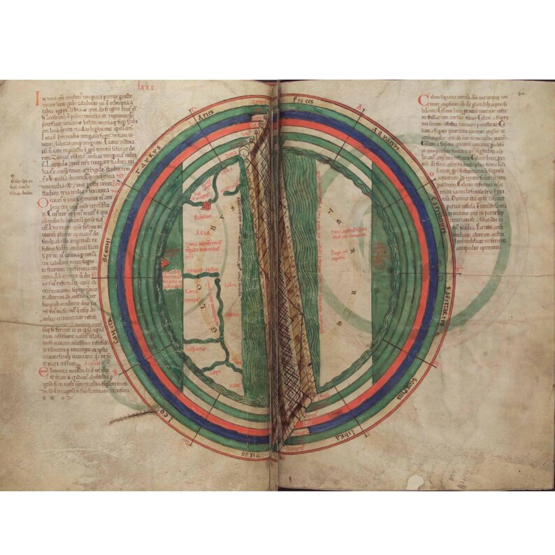 May include: Open book with a medieval world map illustration. The map features concentric circles in red, blue, and green, with landmasses and text in Latin. The aged parchment has visible wear and tear, adding to its historical aesthetic.