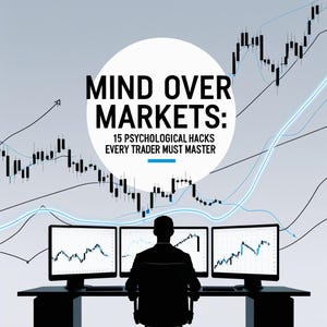 Puede incluir: Imagen de una persona sentada en un escritorio con tres monitores de computadora que muestran gráficos bursátiles. El texto "MIND OVER MARKETS: 15 PSYCHOLOGICAL HACKS EVERY TRADER MUST MASTER" se muestra en un círculo blanco. El fondo presenta gráficos bursátiles.
