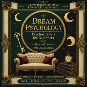 May include: A book cover titled Dream Psychology: Psychoanalysis for Beginners by Sigmund Freud, 1920 English Edition. It features a tufted beige sofa with red pillows, a gold key, a pocket watch on stacked books, and crescent moons on dark green.