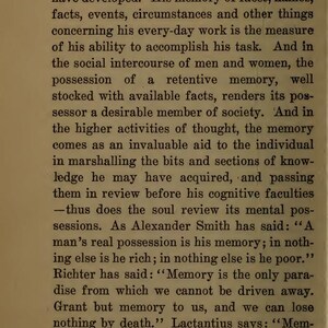 May include: A page from a vintage book with the title "MEMORY" at the top. The text discusses the importance of memory, with quotes from Alexander Smith and Lactantius. The page has a cream-colored background.
