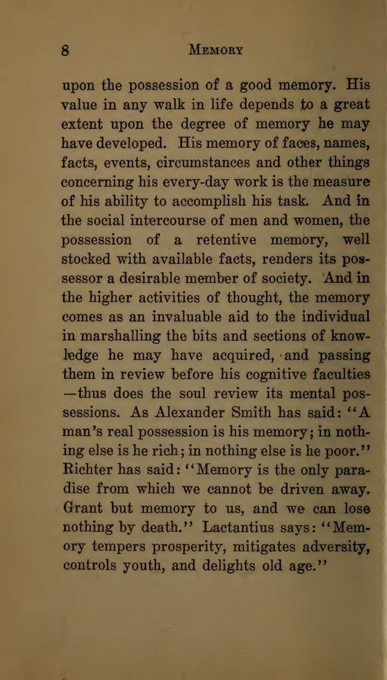 May include: A page from a vintage book with the title "MEMORY" at the top. The text discusses the importance of memory, with quotes from Alexander Smith and Lactantius. The page has a cream-colored background.