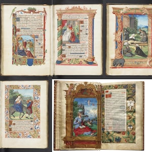 May include: A collection of antique illuminated manuscripts with vibrant illustrations and ornate borders. The pages feature detailed artwork, including figures, landscapes, and decorative floral elements, with handwritten text in elegant calligraphy.