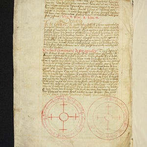 May include: Open book with aged, cream-colored pages. Handwritten text in black and red ink fills the pages, with circular diagrams featuring crosses. The book appears to be an antique manuscript.