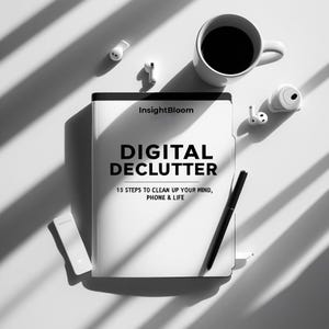 Könnte beinhalten: Schwarz-Weiß-Bild mit einem Buch mit dem Titel "DIGITAL DECLUTTER" und dem Text "15 SCHRITTE ZUR BESSEREN ORDNUNG IN DEINEM GEIST, TELEFON & LEBEN." Eine Kaffeetasse, kabellose Ohrhörer, ein Stift und ein kleines weißes Gerät sind ebenfalls zu sehen.