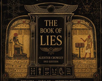 May include: A digital download of The Book of Lies by Aleister Crowley, 1913 edition. The cover features gold Egyptian-style illustrations, including a winged sun disk, columns, and hieroglyphs on a black background. Text includes Thelema, Ceremonial Magick & Qabalistic Mysticism, and Hermetic Wisdom.