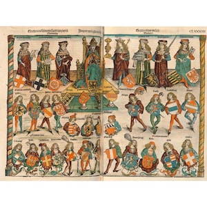 May include: A detailed, antique illustration featuring figures in historical attire, including a seated emperor and individuals holding shields. The artwork is rich in color, with text in Latin at the top, and showcases a medieval theme.