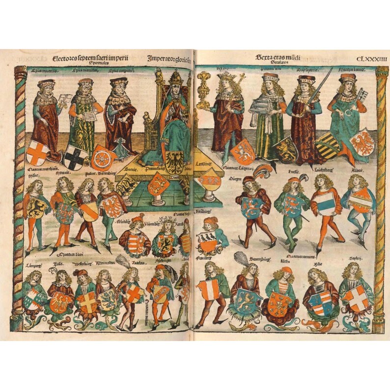 May include: A detailed, antique illustration featuring figures in historical attire, including a seated emperor and individuals holding shields. The artwork is rich in color, with text in Latin at the top, and showcases a medieval theme.