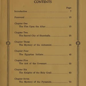 May include: A page from an old book displaying the contents. The heading "CONTENTS" is at the top, with chapter titles and page numbers listed below. The page is framed by a decorative border with geometric shapes.