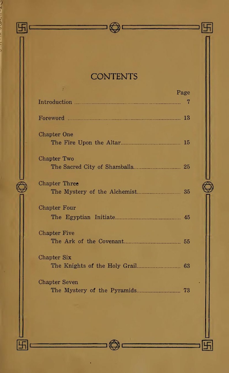 May include: A page from an old book displaying the contents. The heading "CONTENTS" is at the top, with chapter titles and page numbers listed below. The page is framed by a decorative border with geometric shapes.