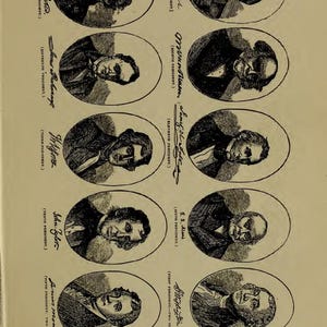 May include: A page from an antique book titled "Character at Sight" displaying oval portraits of U.S. Presidents. The page includes portraits of John Adams, James Monroe, John Tyler, and others, with their names and terms.