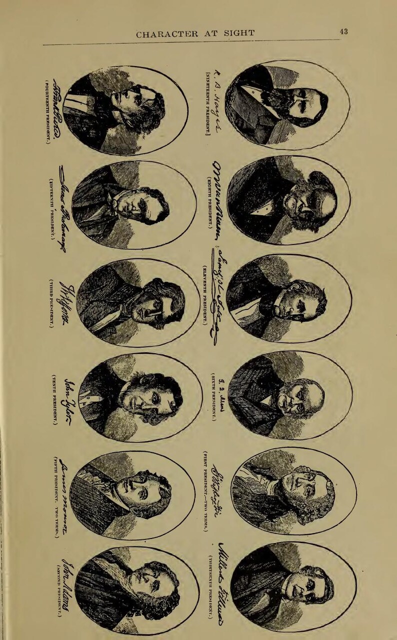 May include: A page from an antique book titled "Character at Sight" displaying oval portraits of U.S. Presidents. The page includes portraits of John Adams, James Monroe, John Tyler, and others, with their names and terms.