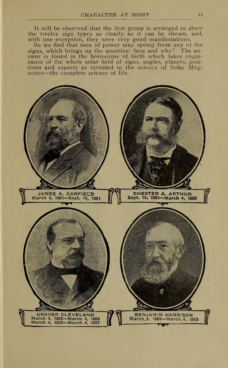 May include: A page from a vintage book featuring four oval portraits of historical figures: James A. Garfield, Chester A. Arthur, Grover Cleveland, and Benjamin Harrison. Each portrait has their name and dates.