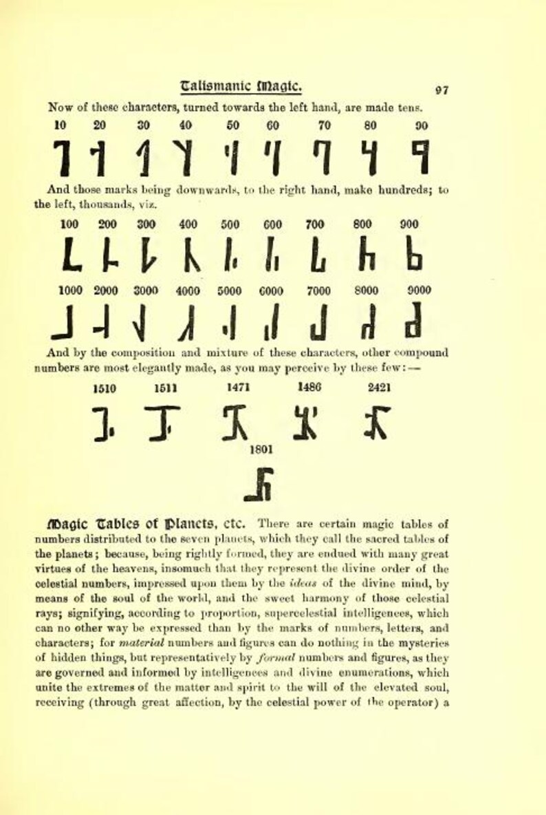 May include: A page from a vintage book titled "Talismanic Magic" with handwritten symbols and numbers. The text describes the magic tables of planets and their significance. The page is aged with a yellowed tone.