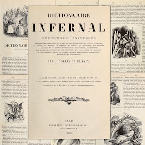 May include: An antique book cover titled "Dictionnaire Infernal" with illustrations and text in French. The cover features a central title, author's name, and publication details, surrounded by smaller illustrations and text fragments.