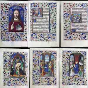 May include: A collection of six illuminated manuscript pages. Each page features intricate illustrations within ornate borders of blue, green, and red floral patterns. The images depict religious scenes and figures, with detailed artwork and calligraphy.