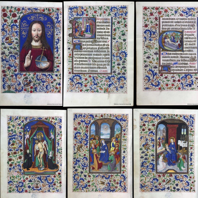 May include: A collection of six illuminated manuscript pages. Each page features intricate illustrations within ornate borders of blue, green, and red floral patterns. The images depict religious scenes and figures, with detailed artwork and calligraphy.