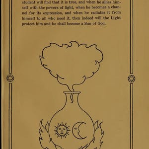 May include: A page from an old book with the title "The Ark of the Covenant". The illustration shows a vase with sun and moon symbols, with a cloud above. The page has a decorative border with geometric shapes and text. The page number is 61.