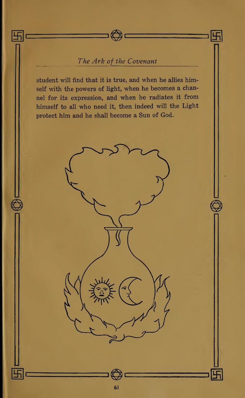 May include: A page from an old book with the title "The Ark of the Covenant". The illustration shows a vase with sun and moon symbols, with a cloud above. The page has a decorative border with geometric shapes and text. The page number is 61.