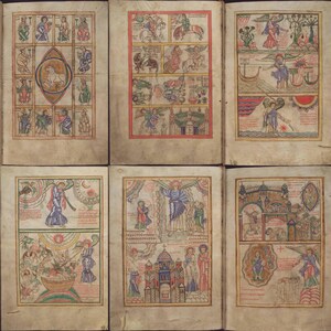 May include: A spread of six pages from an illuminated manuscript, each featuring colorful illustrations. The pages display various scenes with figures, animals, and architectural elements, all within decorative borders. The artwork is rendered in a medieval style.